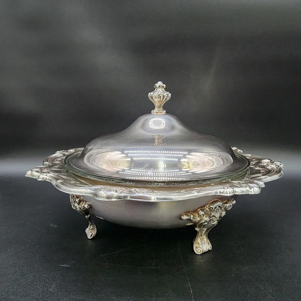 VTG Gorham Silver Plated Glass Insert Lidded Casserole‎ Dish Footed Ornate